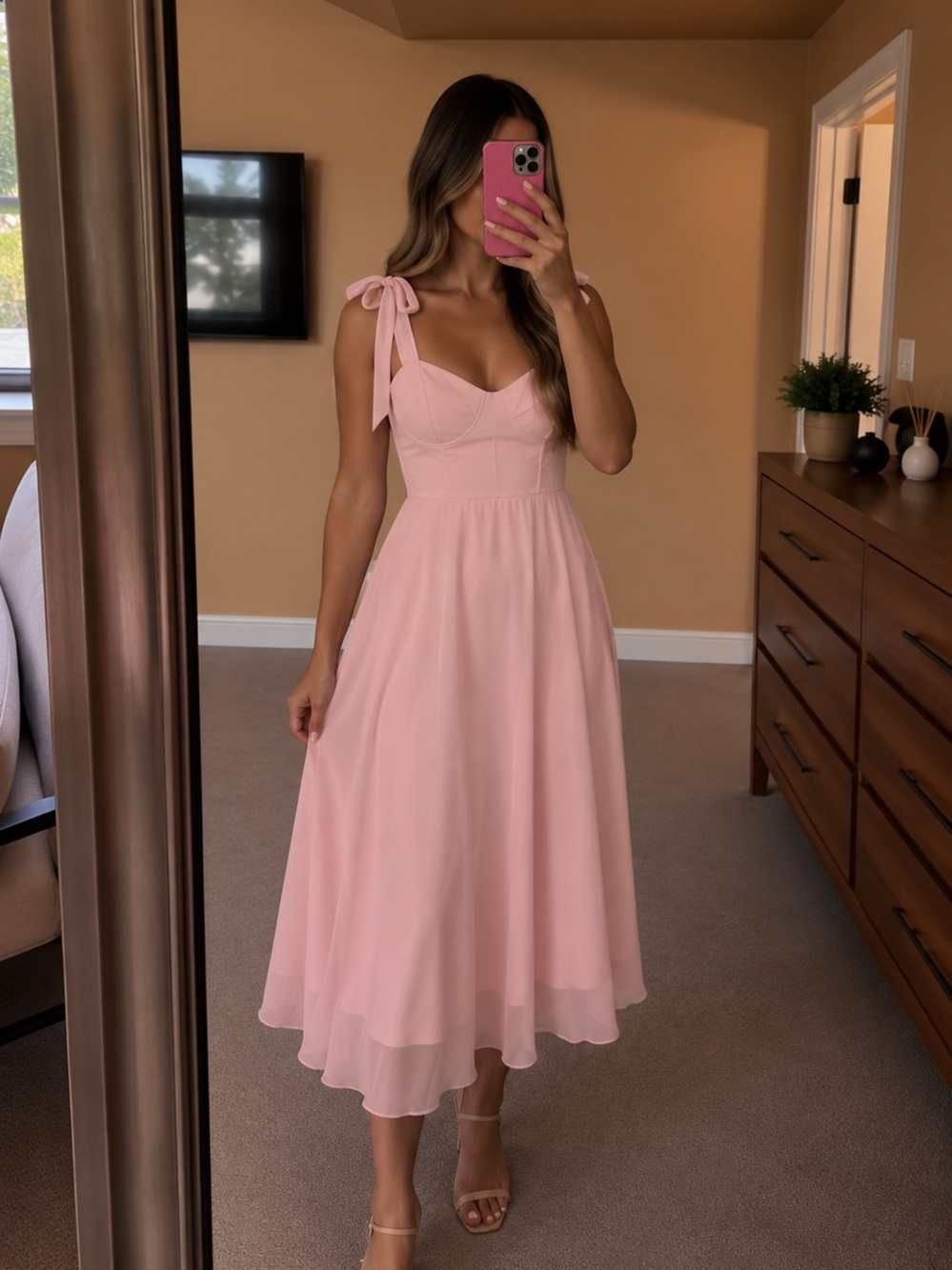 Lulu's Blush Pink Tie-Shoulder Midi Dress